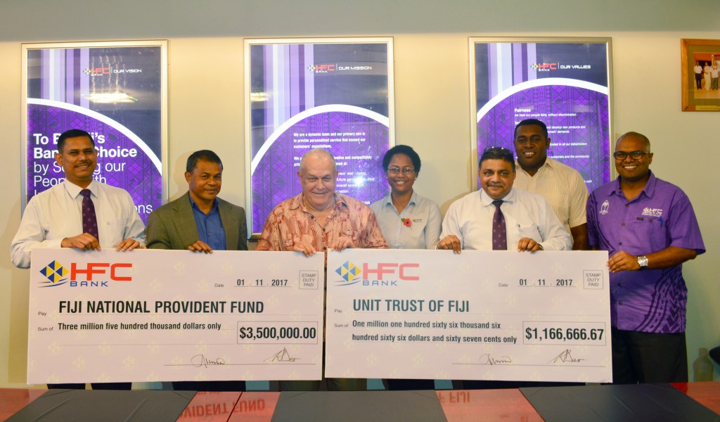 (L-R Rajnesh Deo (HFC Bank), Suliano Ramanu - Manager Equity (FNPF), Tom Ricketts (HFC Bank Chairman), Elenoa Kaloumaira (UTOF), Raj Sharma (A.CEO), Isoa Makutu (FNPF) ,Tony Ram (HFC Bank)