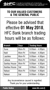 HFC Bank Opening Hours Public Notice